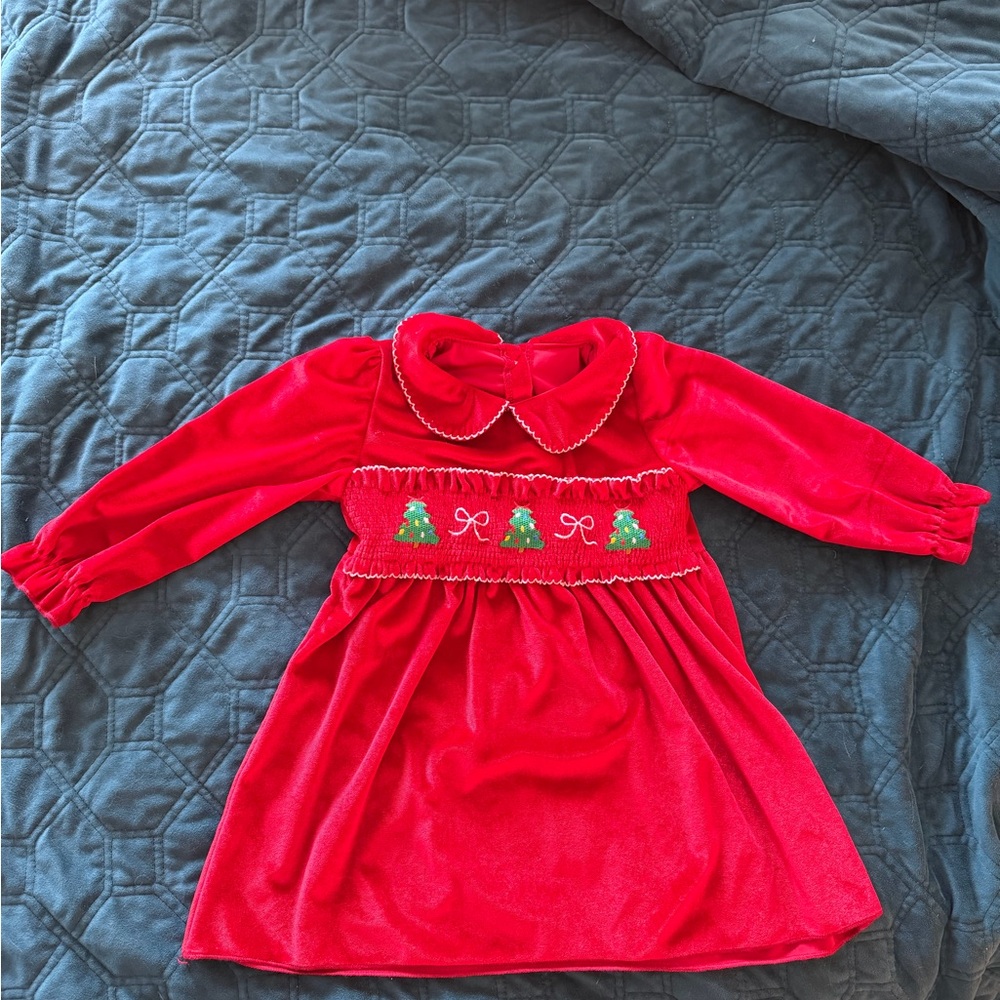 Dark Red Holiday Dress with Christmas Tree Embroidery